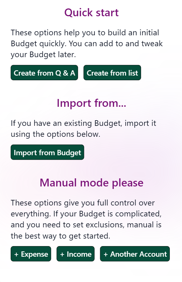 Options for getting started with Budget Pro