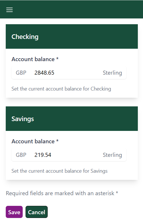 Set the current balance for each account